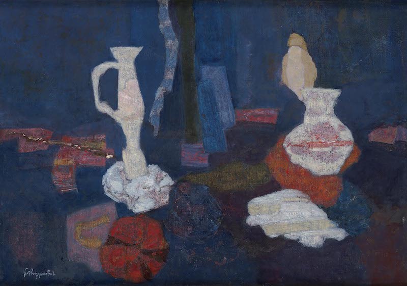 0015 Keramike na stolu (Bele keramike na crvenoplavoj osnovi), 1975-77, ulje na platnu, 520x730 mm.jpg