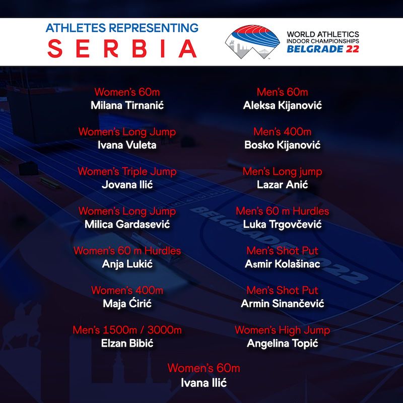 15 атлетских ведета брани боjе Србиjе у Арени на СП 2022.
